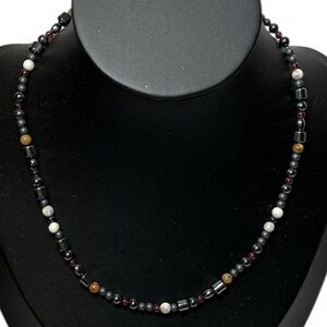 Handmade Multicolor Natural Stones Beaded Necklace. Hematite. Garnet. Choker